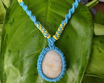 Beach Stone Set in Blue and Yellow Hemp Macrame Necklace / Fancy Hippie Goddess Hemp Jewelry / hemp wrap stone / hemp necklace