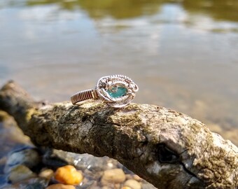 Clearance Natural Rustic Blue Green Tourmaline Simple Sterling Silver Wire Wrap Ring Size 6.5 / Heady Wire Wrap Ring / Tourmaline Ring