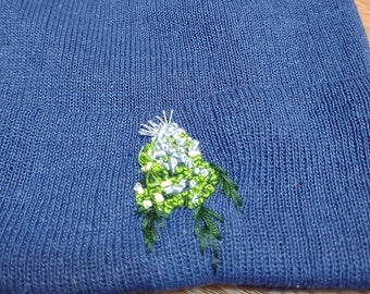 Hand Embroidered Weed Bud on SMALL SNUG FIT Fleece Lined Blue Beanie Hat / stoner accessories / nug hat / Mary Jane / bud beanie / 420
