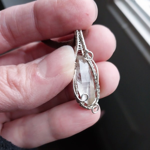 Tiny Etched Lemurian Seed Quartz Point Sterling Silver Small Wire Wrap Pendant  / quartz crystal necklace / heady wirewrap / new age pendant