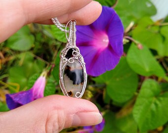 Dendritic Agate and Smokey Topaz Sterling Silver Wire Wrap Pendant Necklace / Heady Wire Wrap with Topaz and Dendritic Agate / Wire Wrap