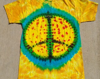 Bright Yellow Tie Dye Peace Sign T-Shirt size unisex small