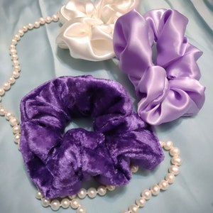 Velvet and Satin Scrunchies Set of Three / Three Purple and Ivory Combo Medium Scrunchie Set / Gift Set / Scrunchies