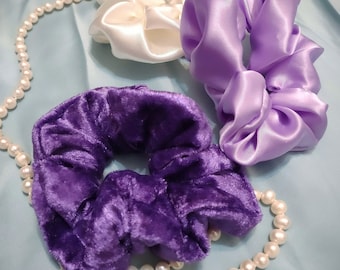 Velvet and Satin Scrunchies Set of Three / Three Purple and Ivory Combo Medium Scrunchie Set / Gift Set / Scrunchies