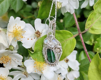 Seed Pod : Unique Sterling Silver Wire Wrap Pendant with Tourmaline , Opal , Montana Sapphire and Pearls