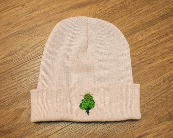 Hand Embroidered Weed Bud on Dusty Pink Beanie Hat / stoner accessories / nug hat / Mary Jane