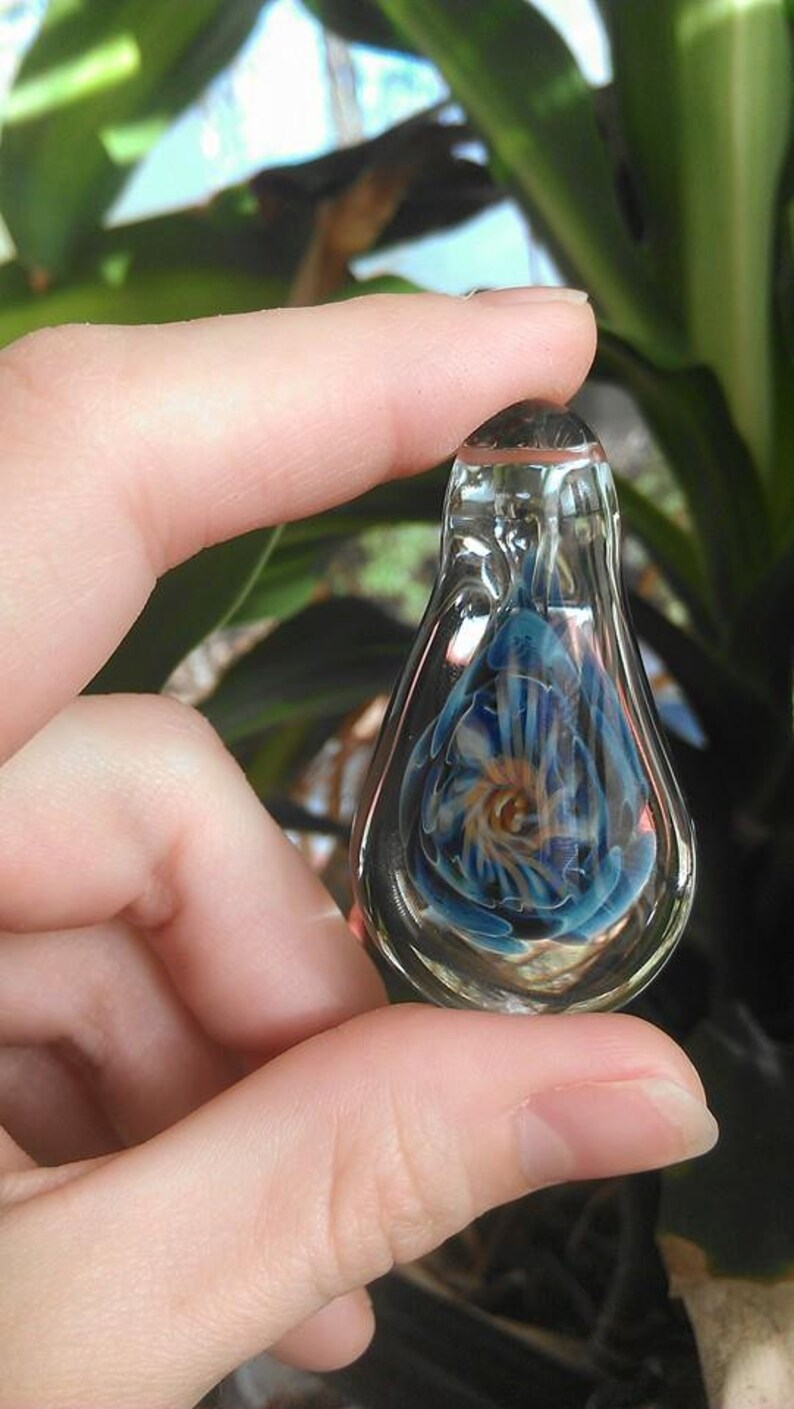 Heady Glass Pendant / Blue Flower Swirl Drop Shape Wearable Etsy
