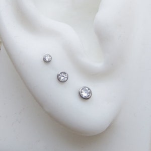 Titanium Stud Earrings, Bezel Set Cubic Zirconia Earrings, 3 Sizes - Cartilage Studs for Men or Women