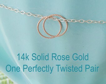 One Pair of Twisted 14k Rose Gold Earrings; Solid Gold Hoops for Lobes, Cartilage, Nose, or Other Piercings