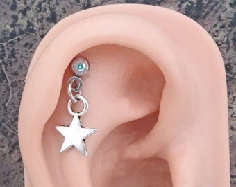 Star Helix Stud 18g Piercing - Crystal CZ Gemstone Tragus Piercing Dangle, Celestial Star Cartilage Earring, Choice of 3 Gemstone Colors!