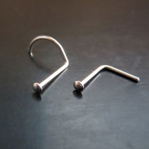 14k White Gold Nose Stud, TEENY TINY Flat Nose Ring, Screw or L Bend - Solid White Gold, Super Thin 24 Gauge Post - 100% Made in USA