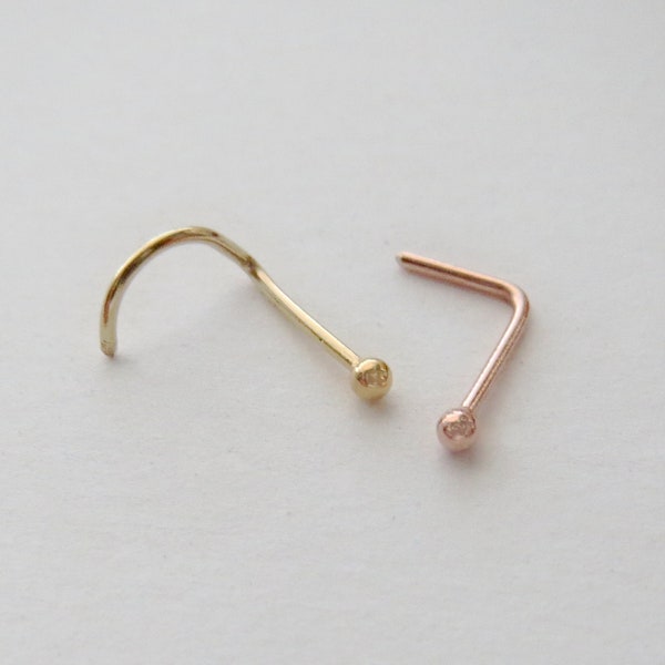 Tiny Gold Nose Stud, 14K Yellow or Rose-Gold-Filled Ball Nose Screw, L-Bend, Straight, or Fishtail - 22 Gauge CUSTOMIZABLE POST