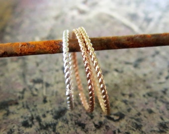 Set of Two Twisted Hoops, Mix and Match: Sterling Silver, Yellow or Rose-Gold-Filled, Great For Cartilage, Lobe, 22 Gauge (Thin) Nose Hoop