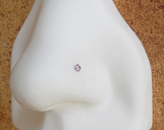Small 2mm Pink Nose Stud, 925 Sterling Silver Pale Pink Nose Ring, Cubic Zirconia Gemstone Nose Stud with a 21g Post, L-bend or Straight