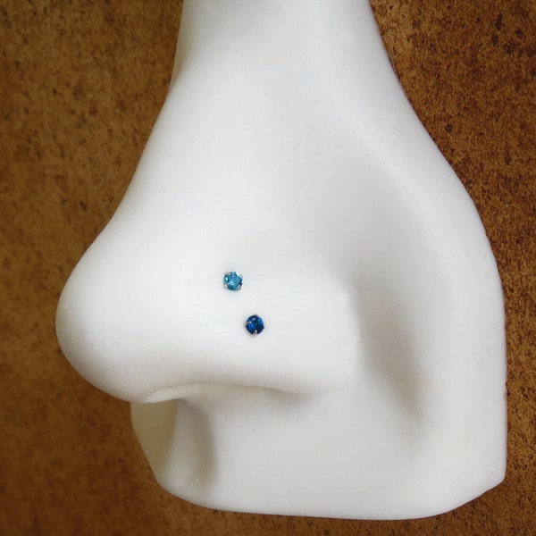 Small 2mm Blue Nose Stud, 925 Sterling Silver Blue Nose Ring, Cubic Zirconia Gemstone Nose Stud, 21g Post, L-bend or Straight, Made in USA