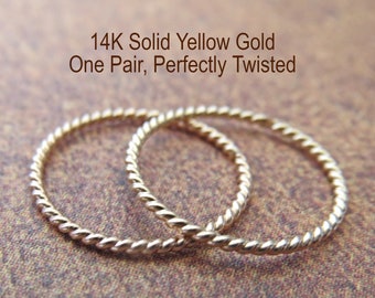 Solid 14k Gold Hoop Earrings, Perfectly Twisted Pair of Small Gold Earrings