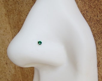 Small, 2mm Green Nose Stud, Sterling Silver Emerald Green Nose Ring, Cubic Zirconia Gemstone Nose Stud, 21g Post
