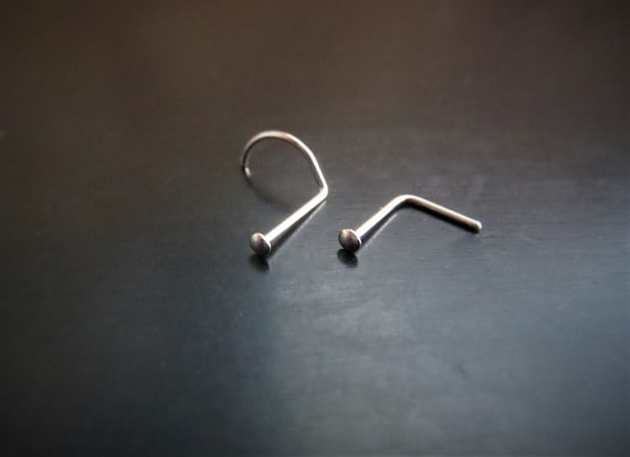 14k White Gold Nose Stud, Teeny Tiny Flat Nose Ring, Screw or L Bend, Solid White Gold, Super Thin 24 Gauge Post, Made in USA