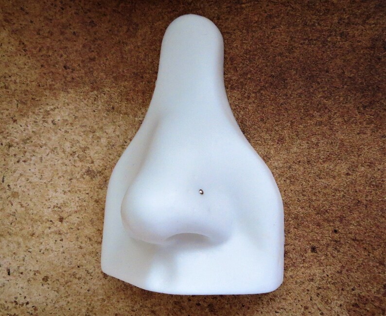 May include: White plastic nose piercing practice tool with a small hole for a stud.