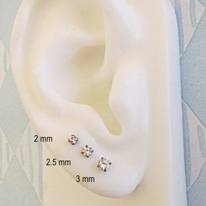 Titanium Stud Earrings, Cubic Zirconia Gemstone Earrings in 3 Sizes 21g Cartilage Studs for Men or Women Single Stud or Pair image 3