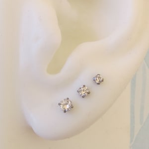 Titanium Stud Earrings, Cubic Zirconia Gemstone Earrings in 3 Sizes - 21g Cartilage Studs for Men or Women - Single Stud or Pair
