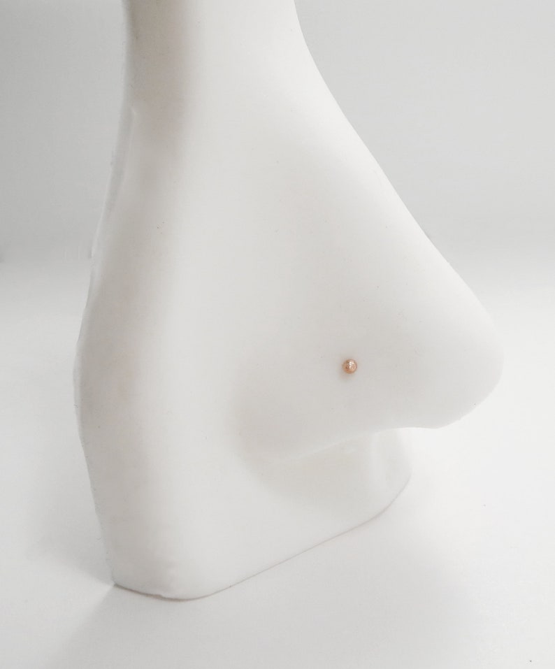 May include: A close-up of a white nose piercing mannequin with a small, round, rose gold nose ring stud.