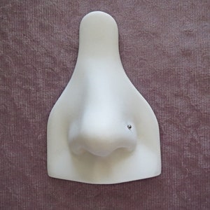 May include: White plastic nose piercing practice tool with a small silver stud in the nostril.