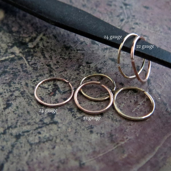Tiny Gold Nose Ring, 14k Solid Rose Gold or Yellow Gold - Skinny Endless Hoop for All Piercings - 100% Made in the USA