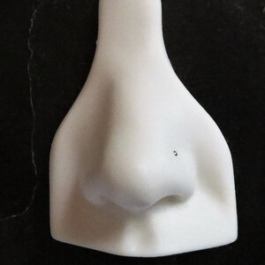 May include: White plastic nose ring display stand with a small hole for a nose ring.