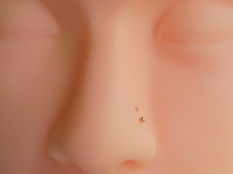 May include: Close-up of a person's nose with a small gold nose ring.