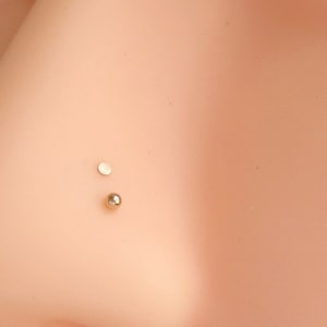 May include: Close-up of a person's nose with two small gold nose rings. The ring on the left is a flat disc and the ring on the right is a small ball.