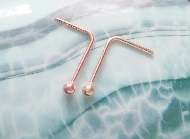14k Gold Nose Stud yellow or rose gold, TEENY Tiny Flat or Ball Nose Ring, Solid Gold Super Thin 24 GAUGE Post 100% Made in USA image 9