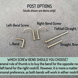 May include: Close-up of four different nose piercing post options: a left-bend screw, a right-bend screw, a straight 19mm fishtail post, and a straight 11mm post. The text reads "POST OPTIONS (studs shown are demo only)" and "WHICH SCREW BEND SHOULD YOU CHOOSE? The general rule of thumb is to buy the bend for the opposite nostril (i.e. left bend for the right nostril). However, it is more a matter of personal preference, as both bends will work in either nostril."