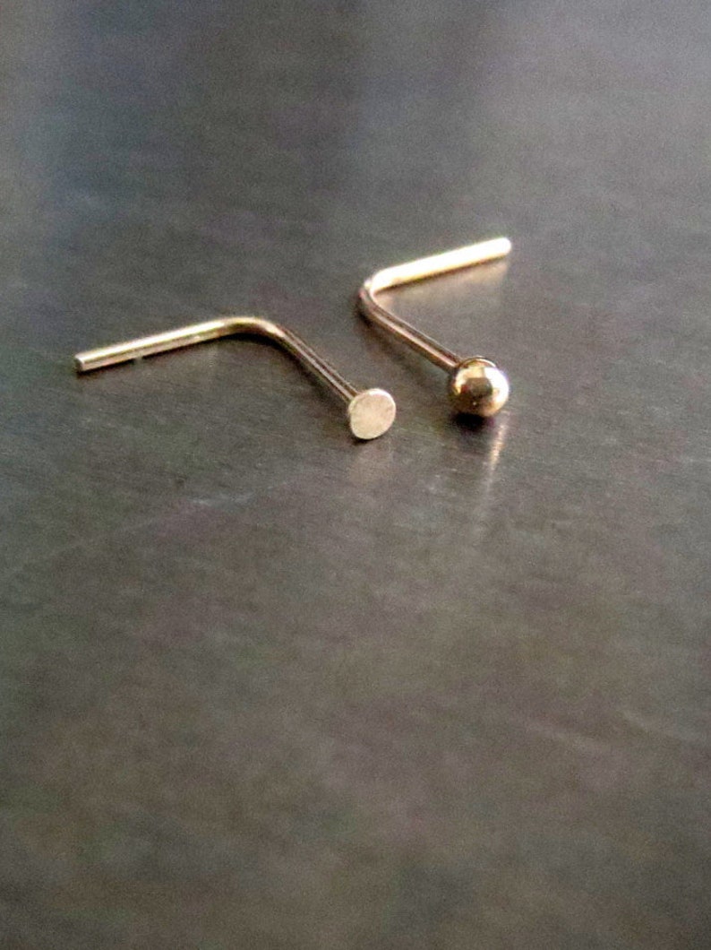 14k Gold Nose Stud yellow or rose gold, TEENY Tiny Flat or Ball Nose Ring, Solid Gold Super Thin 24 GAUGE Post 100% Made in USA image 1