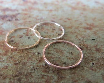 Skinny Nose Ring Hoops, Set of TWO: Yellow or Rose-Gold Filled or Sterling Silver - Helix Ring, Tragus Ring, Lip Ring, Etc, 100% Made In USA