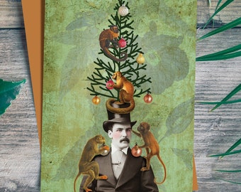 Monkey Christmas. All Occasion. Christmas Cards. Just Because Cards. Holidays Card. Fantasy Altered Art Collage. Monkey Lover.