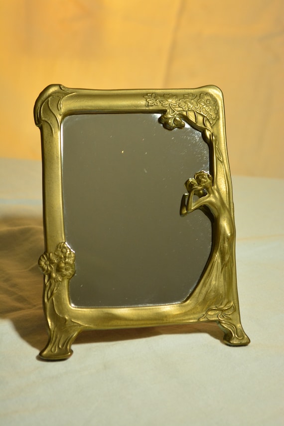 Vintage Art Nouveau Solid Brass Lady Tabletop Vanity Mirror