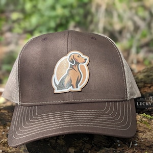Bird Dog Hunting Leather Patch Hat, Genuine Leather Full Color Cap, Richardson Hunting Dog Trucker Snapback Hat, Camo Hunting Hat