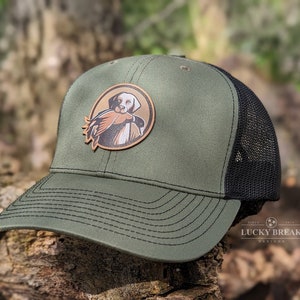 Bird Dog Hunting Leather Patch Hat, Genuine Leather Full Color Cap, Richardson Hunting Dog Trucker Snapback Hat, Duck Hunting Hat