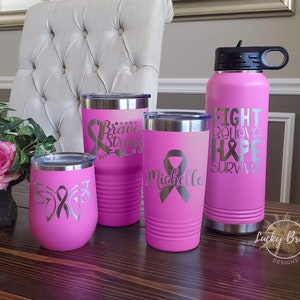 Breast Cancer Survivor Awareness Pink Personalized Laser Engraved Wine Tumbler 20oz 30oz 32oz Water Bottle Custom Name Cancer Survivor
