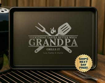 Custom Grill Pan for Grandpa or Dad | Engraved Personalized Baking Sheet | BBQ Tray Grillmaster Pitmaster | Fathers Day Birthday Gift