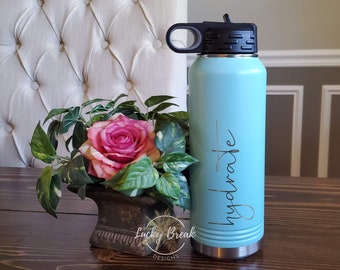 Hydrate Laser Engraved 32oz Insulated Water Bottle Stainless Steel Durable Polar Camel Workout Gym Gift