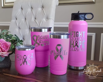Breast Cancer Survivor Awareness Pink Personalized Laser Engraved Wine Tumbler 20oz 30oz 32oz Water Bottle Custom Name Cancer Survivor