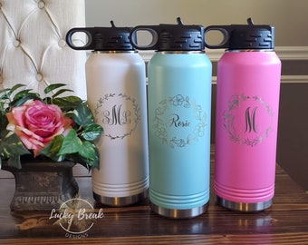Custom Personalized Wreath Monogram Name Laser Engraved 20oz 32oz Insulated Water Bottle Stainless Steel Polar Camel Workout Gym Gift