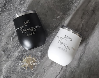 Bride and Groom Mr. and Mrs. Personalized Name Anniversary Wedding Gift Set of Two Polar Camel Stemless Wine Tumbler Laser Engraved Etched