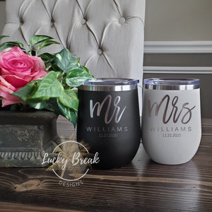 Bride and Groom Mr. and Mrs. Personalized Name Anniversary Wedding Gift Set of Two Polar Camel Stemless Wine Tumbler Laser Engraved Etched image 1