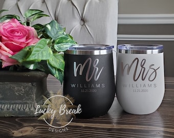 Bride and Groom Mr. and Mrs. Personalized Name Anniversary Wedding Gift Set of Two Polar Camel Stemless Wine Tumbler Laser Engraved Etched