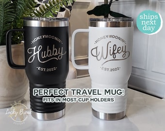Wifey Hubby Honeymoon Travel Mug Tumbler w/ Handle Gift Set Personalized Bride Groom Name Anniversary Wedding Gift Laser Engraved 20oz Mug