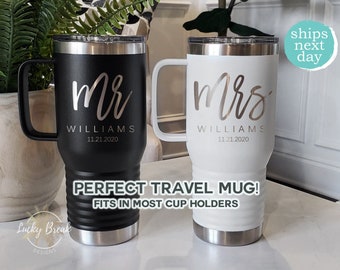 Mr. and Mrs. Travel Mug Tumbler w/ Handle Gift Set Personalized Bride Groom Name Anniversary Wedding Gift Laser Engraved 20oz Mug