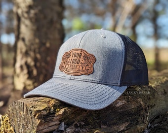Custom Logo Leather Patch Hat | Your Logo Personalized Engraved Richardson Yupoong Trucker Hat | Vegan Leather Patch Hat | Corporate Gift